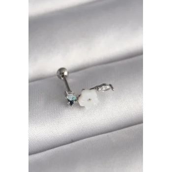 316L Çelik Gümüş Renk Zirkon Taş Detay Beyaz Çiçek Model Tragus Piercing