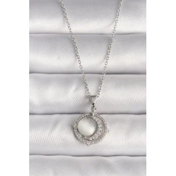 316L Çelik Gümüş Renk Zirkon Taşlı Beyaz Sedefli Hilal Model Kadın Kolye