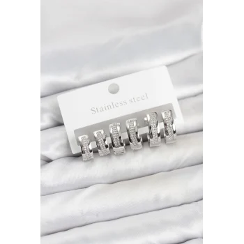 316L Çelik Gümüş Renk Zirkon Taşlı Halka Küpe Seti