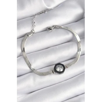 316L Çelik Gümüş Renk Zirkon Taşlı İtalyan Zincir Model Kadın Bileklik