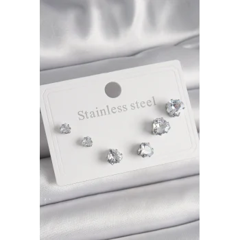 316L Çelik Gümüş Renk Zirkon Taşlı Kalp Model Kadın Küpe Seti