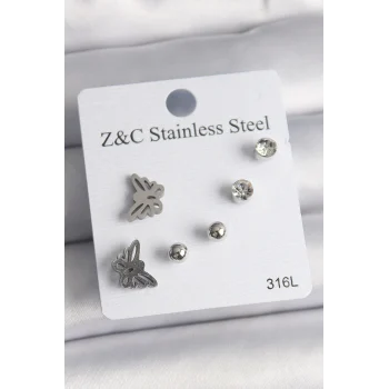 316L Çelik Gümüş Renk Zirkon Taşlı Kelebek Model Kadın Küpe Seti