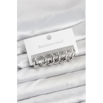 316L Çelik Gümüş Renk Zirkon Taşlı Kutup Yıldızı Model Halka Küpe Seti