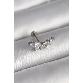 316L Çelik Gümüş Renk Zirkon Taşlı Tragus Piercing