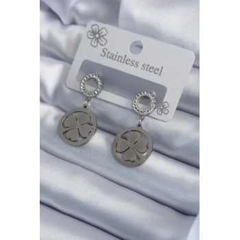 316L Çelik Gümüş Renk Zirkon Taşlı Yonca Model İşleme Detay Kadın Küpe