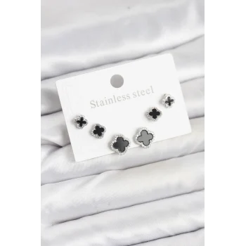 316L Çelik Gümüş Renk Zirkon Taşlı Yonca Model Kadın Küpe Seti