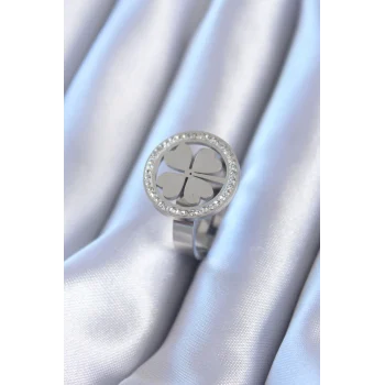 316L Çelik Gümüş Renk Zirkon Taşlı Yonca Model Kadın Yüzük