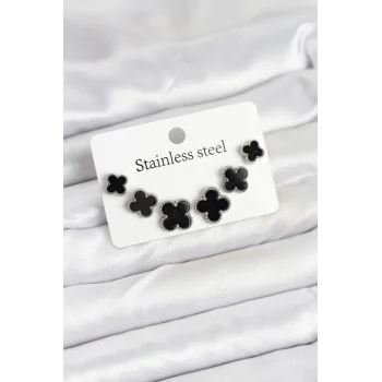 316l Çelik Gümüş Siyah Renk 3 Boy Yonca Küpe Seti