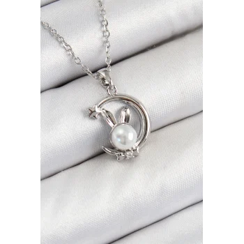 316L Çelik İnci Detaylı Hilal Tavşan Model Gümüş Renk Kadın Kolye