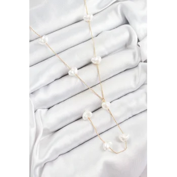 Pirinç İncili Kalp Figürlü Y Model Gold Renk Kadın Kolye