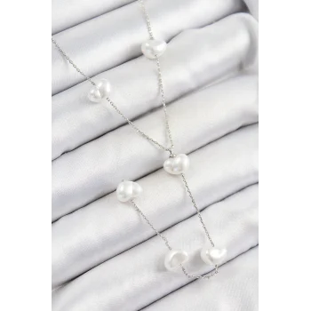 Pirinç İncili Kalp Figürlü Y Model Gümüş Renk Kadın Kolye