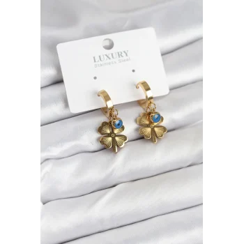 316L Çelik Nazarlı Yonca Model Kadın Küpe