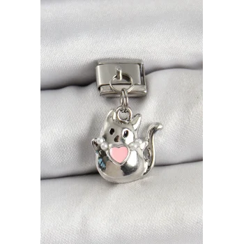 316L Çelik Sallantılı Kalp Detaylı Kedi Model Gümüş Renk Nomination Charm