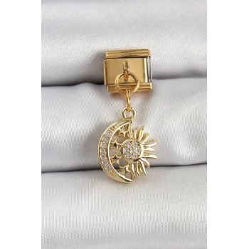 316L Çelik Sallantılı Zirkon Taşlı Ay Ve Güneş Model Gold Renk Nomination Charm