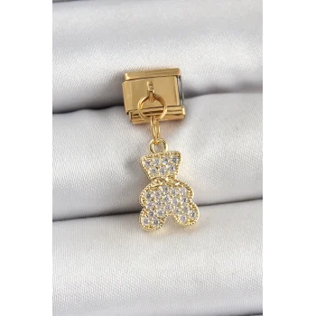 316L Çelik Sallantılı Zirkon Taşlı Ayıcık Model Gold Renk Nomination Charm