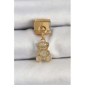 316L Çelik Sallantılı Zirkon Taşlı Ayıcık Model Gold Renk Nomination Charm