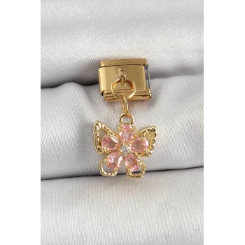 316L Çelik Sallantılı Zirkon Taşlı Çiçek Figürlü Kelebek Model Gold Renk Nomination Charm