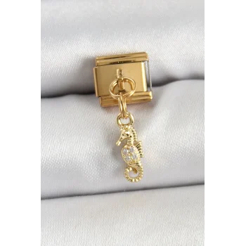 316L Çelik Sallantılı Zirkon Taşlı Çiçek Model Gold Renk Nomination Charm