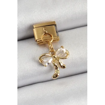 316L Çelik Sallantılı Zirkon Taşlı Fiyonk Model Gold Renk Nomination Charm
