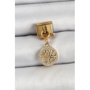 316L Çelik Sallantılı Zirkon Taşlı Hayat Ağacı Model Gold Renk Nomination Charm