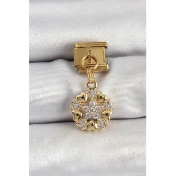 316l Çelik Sallantılı Zirkon Taşlı Kalp Detaylı Yıldz Model Gold Renk Nomination Charm