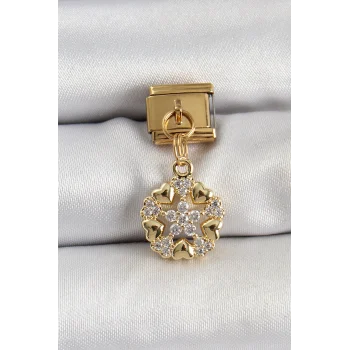 316L Çelik Sallantılı Zirkon Taşlı Kalp Detaylı Yıldz Model Gold Renk Nomination Charm