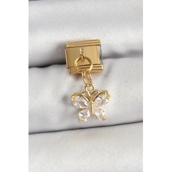 316L Çelik Sallantılı Zirkon Taşlı Kelebek Model Gold Renk Nomination Charm