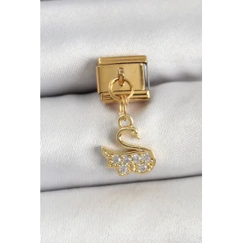 316L Çelik Sallantılı Zirkon Taşlı KuğuModel Gold Renk Nomination Charm