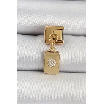 316L Çelik Sallantılı Zirkon Taşlı Kutup Yıldızı Figürlü Dikdörtgen Model Gold Renk Nomination Charm