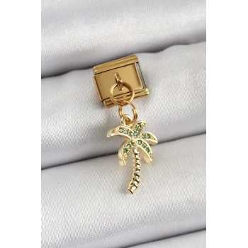 316L Çelik Sallantılı Zirkon Taşlı Palmiye Ağacı Model Gold Renk Nomination Charm