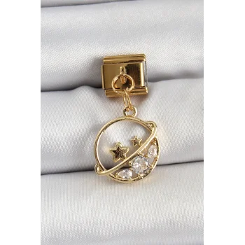 316L Çelik Sallantılı Zirkon Taşlı Satürn Model Gold Renk Nomination Charm