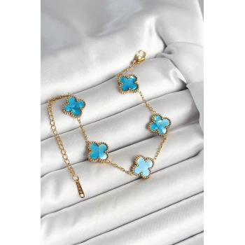 316L Çelik Sedefli Gökyüzü Mavisi Gold Renk Yonca Kadın Bileklik