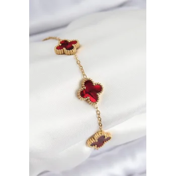 316L Çelik Sedefli Kırmızı Gold Renk Yonca Kadın Bileklik