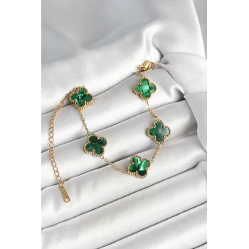 316L Çelik Sedefli Zümrüt Yeşil Gold Renk Yonca Kadın Bileklik