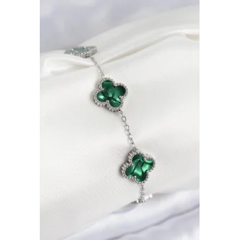 316L Çelik Sedefli Zümrüt Yeşil Gümüş Renk Yonca Kadın Bileklik