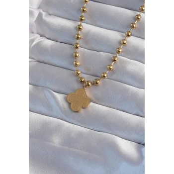 316l Çelik Top Zincirli Gold Renk İşlemeli Yonca Model Kolye