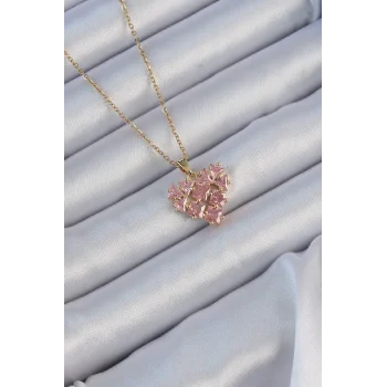 316L Çelik Zincir Altın Renk Pembe Parçalı Zirkon Taşlı Kalp Kolye