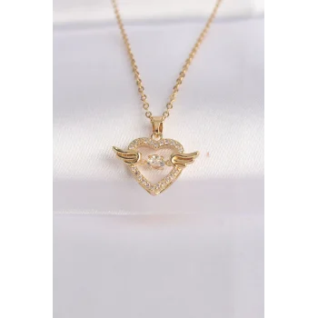 316L Çelik Zincir Altın Renk Zirkon Taşlı Kanatlı Kalp Kolye
