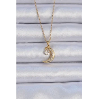 316L Çelik Zincir Altın Renk Zirkon Taşlı Sallantılı Ay Yıldız Kolye