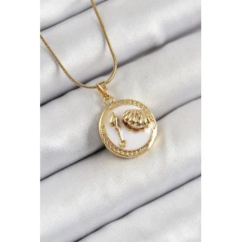 316L Çelik Zincir Beyaz Mineli Sanatsal Portre İstiridye Model Gold Renk Kadın Kolye
