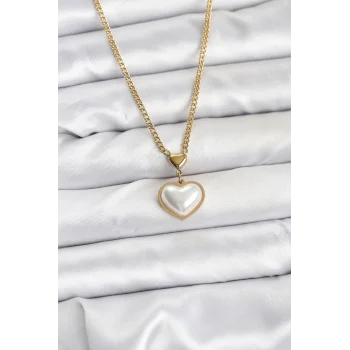 Çelik Zincir Gold Renk Bombeli Kalp Model Kadın Kolye