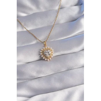 316L Çelik Zincir Gold Renk İncili Zirkon Taşlı Kalp Tasarımlı Kolye