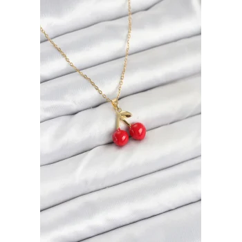 316L Çelik Zincir Gold Renk Kiraz Model Kadın Kolye