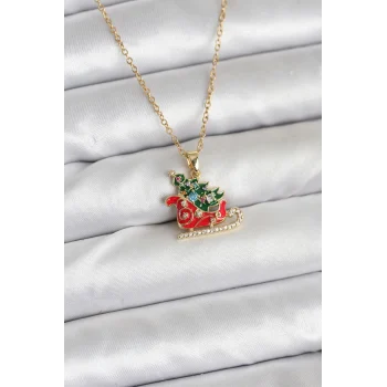 Çelik Zincir Gold Renk Kızak Ve Çam Ağacı Figürlü Yılbaşı Temalı Kadın Kolye