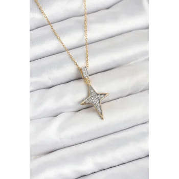 316L Çelik Zincir Gold Renk Kutup Yıldızı Model Zirkon Taşlı Kadın Kolye