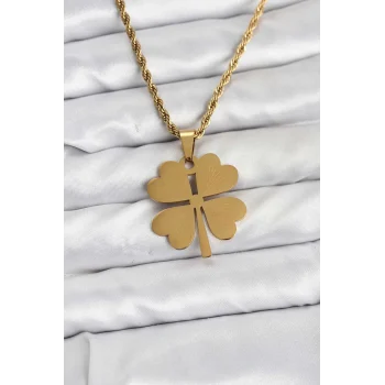 316L Çelik Zincir Gold Renk Yonca Model 60 cm Kadın Kolye