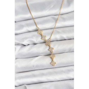 316L Çelik Zincir Gold Renk Yonca Model Kadın Kolye