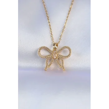 316L Çelik Zincir Gold Renk Zirkon Taşlı Fiyonk Kolye