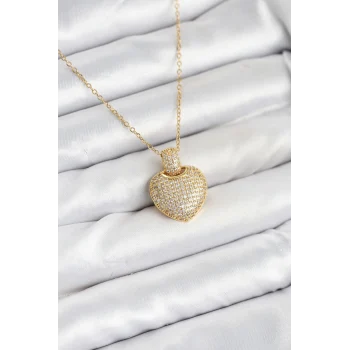 316L Çelik Zincir Gold Renk Zirkon Taşlı Kalpli Kadın Kolye