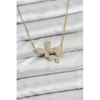 316L Çelik Zincir Gold Renk Zirkon Taşlı Kelebek Model Kadın Kolye